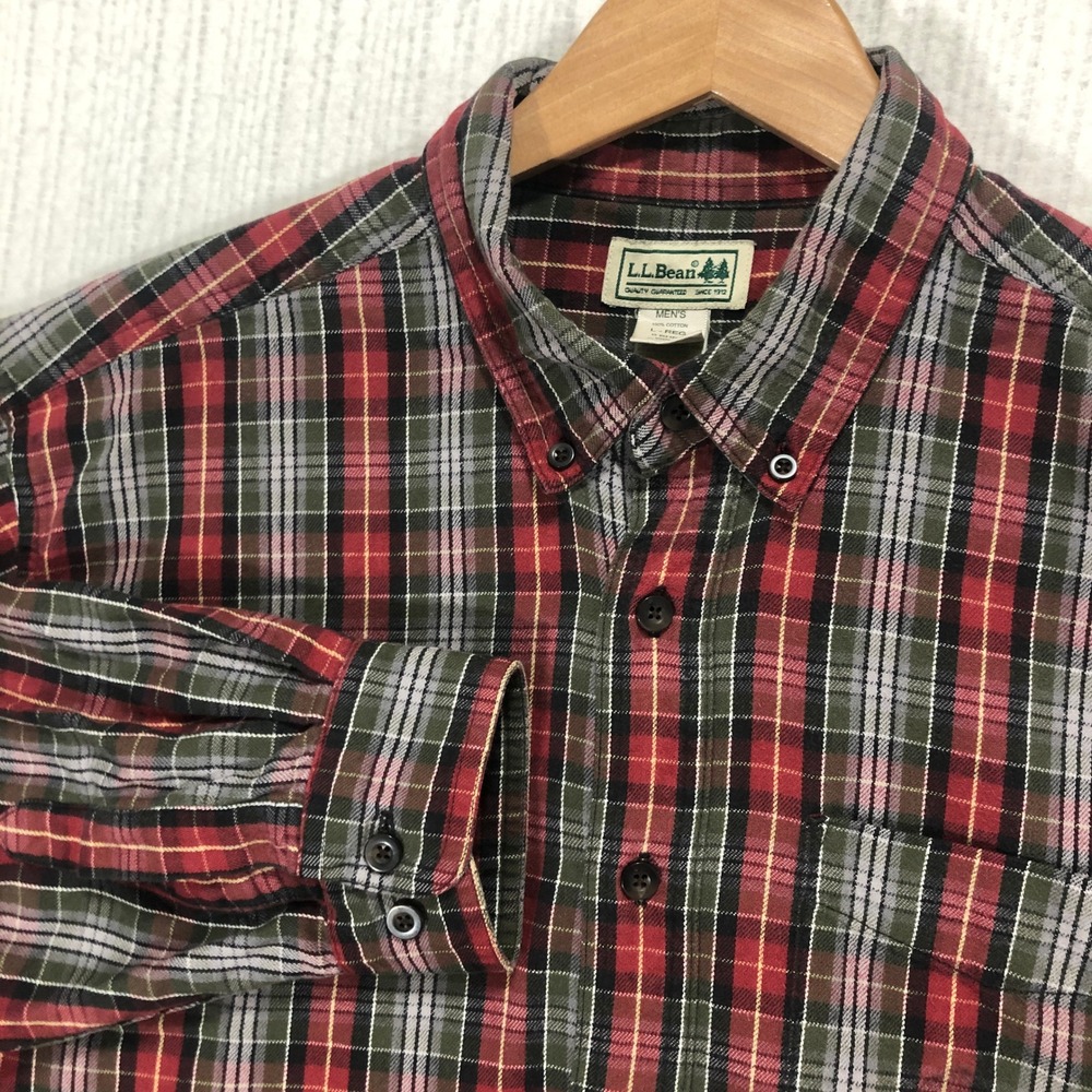 LL Bean Plaid Flannel Button Down‎ Shirt Long Sleeve Classic Fit Red Green